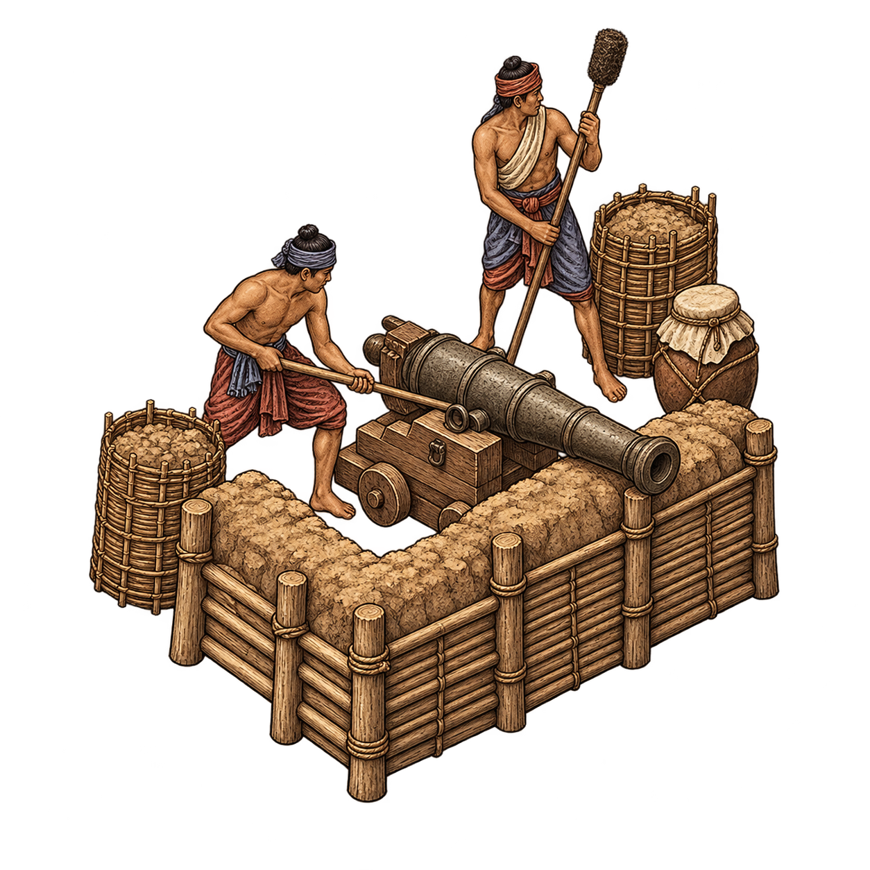 A cannon crew behind a woven rampart