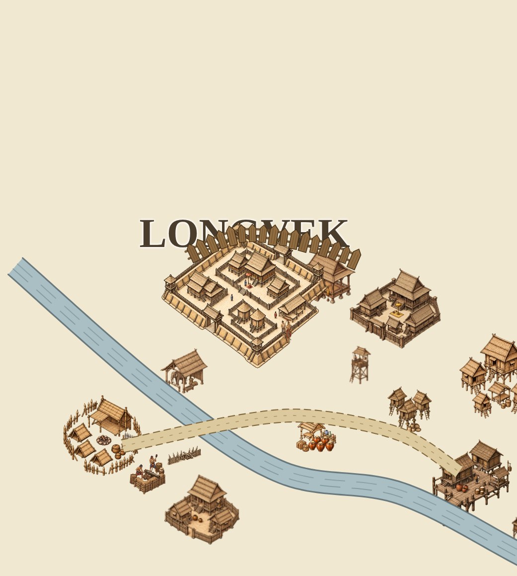Close view of the hand-drawn Longvek citadel stamp with its palisade walls and inner halls