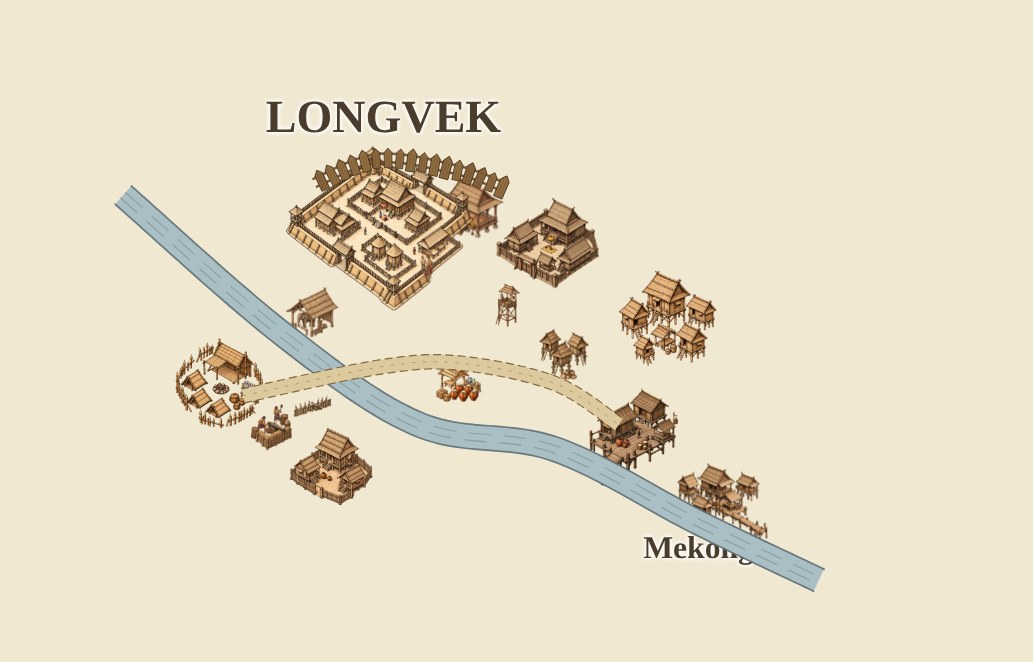 A parchment map of Cambodia with the walled citadel of Longvek, villages along the Mekong, a war camp, and a road crossing the river